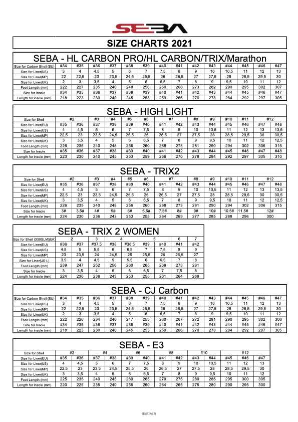 2021 SEBA Size Chart